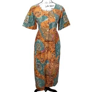 Vintage 80s Sita 100% Cotton Button Front Maxi Dress Womens M Boho Lagenlook